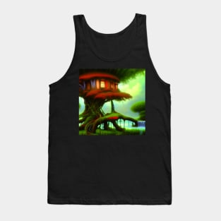 Tree House Portrait in Red Color, Greenery Outside, Landscape Painting Tank Top